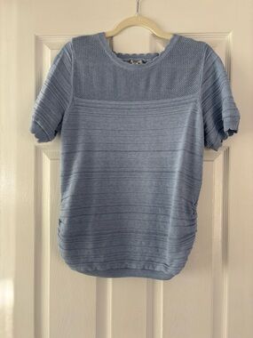 Light Blue Short-Sleeve Knit Sweater Top with side ruching